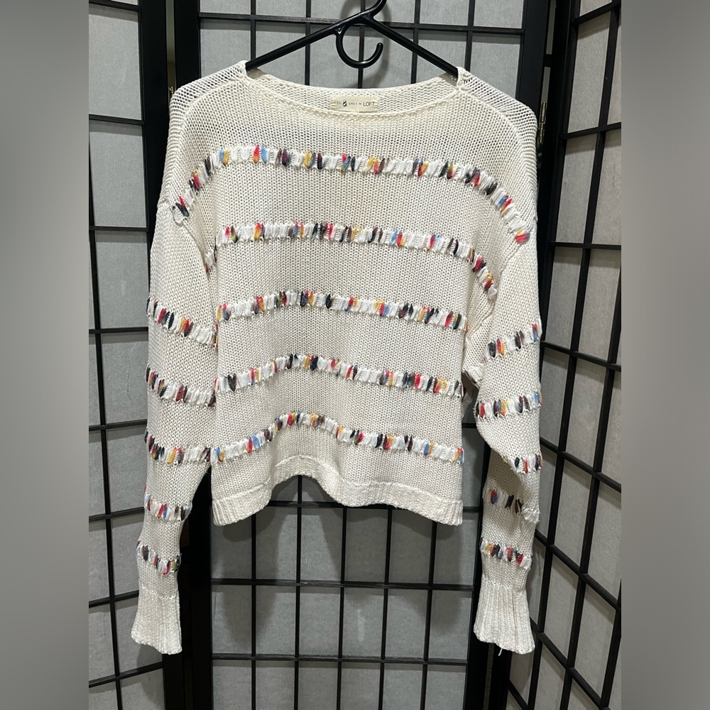 LOU & GREY FOR LOFT CREAM WITH RAINBOW CONFETTI KNIT DETAIL Sweater WOMEN SIZE S